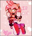  amy_rose anthro breasts clothed clothing cosmicpussycat eulipotyphlan female footwear gloves green_eyes hair handwear hedgehog japanese_text legwear mammal mostly_nude nipples no_underwear open_mouth pink_body pink_hair shoes solo sonic_the_hedgehog_(series) text thigh_highs tongue wrist_cuff 
