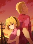  1boy 1girl arm_at_side back-to-back bandaid bandaid_on_forehead bangs black_hairband blonde_hair blush breasts closed_mouth cloud collared_shirt commentary evening floral_print frown gradient_sky hairband hand_on_own_arm hawaiian_shirt highres higurashi_no_naku_koro_ni houjou_satoko houjou_teppei looking_down looking_up mashita_(candy_apricot) orange_sky outdoors parted_lips pink_eyes pink_shirt power_lines print_shirt red_shirt red_sky shirt short_hair short_sleeves sky sleeveless sleeveless_shirt small_breasts uncle_and_niece upper_body utility_pole 