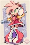  ... amy_rose anthro blush clothing cosmicpussycat eulipotyphlan female footwear gloves green_eyes hair handwear hedgehog hi_res japanese_text knees_together mammal open_mouth pink_body pink_hair shoes solo sonic_the_hedgehog_(series) standing text tongue 