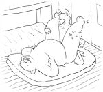  2013 anthro bed belly canid canine canis domestic_dog duo eyes_closed furniture genitals humanoid_hands low_res male male/male mammal monochrome navel osos overweight overweight_male penis sex tongue tongue_out ursid 
