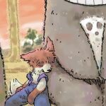  anthro black_nose brown_body brown_fur canid canine canis clothing digital_media_(artwork) domestic_dog duo eyes_closed fur ghibli grey_body grey_fur kemono low_res mammal my_neighbor_totoro oekaki overalls overweight sitting thumbnail totoro utsuki_maito 