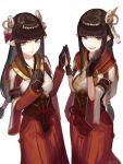  2girls :d bangs black_gloves black_hair blunt_bangs blush breasts explosive gloves grenade hair_ornament highres hinoa long_hair looking_at_viewer minoto monster_hunter_(series) monster_hunter_rise multiple_girls open_mouth pointy_ears simple_background smile ukimesato white_background 
