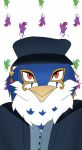  anthro avian beak bird blue_body blue_feathers bust_portrait clothed clothing digital_media_(artwork) falcon falconid feathers genitals hat headgear headwear hi_res horus_(tas) housamo iampaperwolf looking_at_viewer male penis portrait solo tokyo_afterschool_summoners topwear video_games white_body white_feathers 