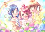  3girls :3 :d bangs blue_eyes blue_hair blue_shirt blue_sky brown_eyes brown_hair brown_jacket bug butterfly day drawstring eyebrows_visible_through_hair flower hanadera_nodoka hand_on_another&#039;s_shoulder healin&#039;_good_precure highres hiramitsu_hinata hood hood_down hoodie insect jacket latte_(precure) medium_hair multiple_girls nyatoran_(precure) open_mouth outdoors pegitan_(precure) pink_hoodie pointing precure rainbow red_eyes red_hair sawaizumi_chiyu shirt side-by-side sky smile standing striped striped_shirt sunlight swept_bangs touki_matsuri twintails yellow_hoodie 