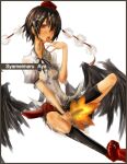  1girl ahegao black_hair blouse blush highres rib:y(uhki) see-through shameimaru_aya short_hair simple_background tongue tongue_out touhou wet wet_clothes white_background wings 