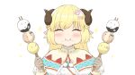  1girl blonde_hair closed_eyes dango food food_in_mouth food_on_face fur_trim hair_ornament hairclip highres hololive horns lagombi_(armor) long_hair mizuhi_kou monster_hunter_(series) monster_hunter_rise sanshoku_dango sheep_horns tsunomaki_watame wagashi 