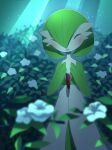  blurry blush bush closed_eyes commentary emuenuon film_grain flower gardevoir gen_3_pokemon hands_up highres light_beam open_mouth pokemon pokemon_(creature) smile solo standing white_flower 