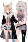  2girls animal_ear_fluff animal_ears bangs black_jacket borrowed_garments bow breasts cleavage clothing_cutout eyebrows_visible_through_hair fist_bump fox_ears fox_girl fur_trim grey_eyes grey_hair hair_bow hand_in_pocket highres hololive jacket kakult2017 lion_ears lion_girl looking_to_the_side medium_breasts multiple_girls navel navel_cutout omaru_polka pink_eyes shishiro_botan single_legging smile thigh_strap thighhighs torn_clothes torn_legwear virtual_youtuber 