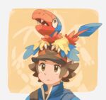  1boy archen bag baseball_cap blue_jacket border brown_eyes brown_hair closed_mouth gen_5_pokemon hat hilbert_(pokemon) jacket looking_up male_focus on_head outside_border pokemon pokemon_(creature) pokemon_(game) pokemon_bw pokemon_on_head short_hair shoulder_bag spiked_hair torinoko_(miiko_draw) upper_body white_border 