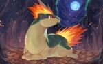  :o cloud commentary_request fire gen_2_pokemon grass highres leaf looking_back lying moon night no_humans on_stomach open_mouth outdoors paws pokemon pokemon_(creature) quilava red_eyes roots sky solo tapioka_chaso tearing_up toes tongue 