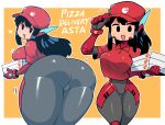  1girl ass asta_rindo bangs baseball_cap black_eyes black_hair blush bodysuit border breasts collared_shirt covered_navel covered_nipples food gloves grey_bodysuit hat heart highres holding holding_food large_breasts long_hair looking_at_viewer multiple_views open_mouth original outside_border pizza_box pizza_delivery rariatto_(ganguri) red_gloves red_shirt robot_ears shirt short_sleeves sidelocks simple_background smile white_border yellow_background 