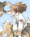  angry black_nose blush brown_body brown_fur canid canine canis clothed clothing digital_media_(artwork) domestic_dog eyes_closed fur group japanese_text kemono low_res mammal oekaki tailwag text tongue tongue_out utsuki_maito 