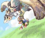  anthro avian bottomwear brown_body brown_fur canid canine carrying clothing digital_media_(artwork) duo fur hat headgear headwear kemono low_res mammal oekaki outside shorts utsuki_maito wings 