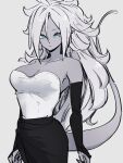  1girl alternate_costume android_21 bare_shoulders blue_eyes breasts cleavage dragon_ball dragon_ball_fighterz earrings grey_background greyscale hair_between_eyes hoop_earrings jewelry kemachiku long_hair majin_android_21 medium_breasts monochrome simple_background solo tail 
