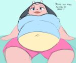  2_horns anthro belly black_pupils blue_eyes bottomwear breasts clothed clothing dirtywater english_text female front_view fully_clothed hi_res horn looking_at_viewer miltank morbidly_obese navel nintendo nipple_outline obese obese_anthro obese_female open_mouth overweight overweight_anthro overweight_female pink_bottomwear pink_clothing pink_shorts pok&eacute;mon pok&eacute;mon_(species) pupils shorts solo text tongue video_games 