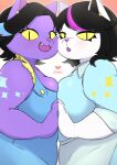  &lt;3 anthro big_breasts breast_squish breasts catti_(deltarune) catty_(undertale) clothing deltarune domestic_cat duo felid feline felis female fur hi_res looking_at_viewer mammal overalls purple_body purple_fur sibling sister sisters sparkles squish underchikichan undertale video_games white_body white_fur yellow_sclera 
