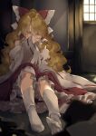  1girl bangs blonde_hair blurry blurry_foreground blush bow commentary_request cosplay covering_mouth day eyebrows_behind_hair feet frilled_bow frilled_hair_tubes frills hair_between_eyes hair_bow hair_tubes hakurei_reimu hakurei_reimu_(cosplay) hand_up highres indoors kirisame_marisa kneehighs long_hair looking_down meji_aniki petticoat red_bow red_skirt red_vest ribbon-trimmed_sleeves ribbon_trim sidelocks skirt solo touhou very_long_hair vest wavy_hair white_legwear wide_sleeves window yellow_eyes 