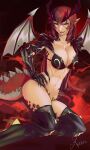  1girl alternate_costume armor bikini_armor black_gloves boots breasts cleavage commission dragon_girl dragon_tail dragon_wings fantasy gloves greaves hand_on_ground hand_on_hip highres kuroi_enpitsu long_hair looking_down medium_breasts metal_gloves midriff navel open_mouth sharp_teeth signature solo tail teeth thigh_boots thighhighs virtual_youtuber vshojo wings yellow_eyes zentreya_(vtuber) 