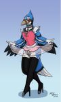  2016 anthro avian beak bird blue_jay bottomwear breasts chastity_belt chastity_device clothing collar collar_tag corvid dated female hi_res jay_(bird) milodesty muzzle_(object) muzzled nebay new_world_jay oscine passerine signature simple_background skirt solo wings 