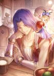  1girl 3boys anklet apple bare_shoulders barefoot bishounen blonde_hair blue_dress blue_flower blurry blurry_background bowl brown_eyes chair clenched_hand collarbone commentary_request cup dress duran_(seiken_densetsu_3) eating elbow_rest faerie_(seiken_densetsu_3) fairy_wings flower food fruit fruit_bowl glint hair_flower hair_ornament hand_on_own_arm hand_on_own_cheek hand_on_own_face hawkeye_(seiken_densetsu_3) holding holding_food indoors jewelry kevin_(seiken_densetsu_3) lamp long_hair looking_at_viewer looking_down minigirl multiple_boys on_chair on_shoulder open_mouth plate plate_stack pointy_ears purple_hair red_vest ring see-through_dress seiken_densetsu seiken_densetsu_3 shirt sitting sitting_on_person sitting_on_shoulder sleeping sleeveless sleeveless_shirt sparkle table tenyo0819 upper_teeth vambraces very_long_hair vest white_shirt wings wooden_chair wooden_table zzz 