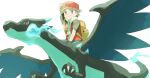  1boy arm_behind_head backpack backwards_hat bag baseball_cap blue_fire brown_eyes brown_hair charizard claws closed_mouth fire from_below gen_1_pokemon hat highres jacket male_focus mega_charizard_x mega_pokemon pants pokemon pokemon_(creature) pokemon_(game) pokemon_frlg red_(pokemon) red_headwear riding_pokemon short_sleeves simple_background sitting smile spiked_hair torinoko_(miiko_draw) white_background wristband yellow_bag 