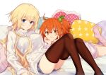  black_legwear blonde_hair blue_eyes breasts fate/apocrypha fate/grand_order fate_(series) fujimaru_ritsuka_(female) hair_ornament hair_ribbon jeanne_d&#039;arc_(fate) jeanne_d&#039;arc_(fate)_(all) kabutomushi_s long_hair looking_at_viewer lying on_bed orange_eyes orange_hair pillow ribbon shorts sweater thighhighs very_long_hair white_sweater 