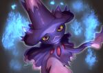  closed_mouth colored_sclera commentary_request fire glowing highres looking_at_viewer mismagius no_humans pokemon pokemon_(creature) purple_eyes signature smile solo tanpakuroom yellow_sclera 