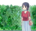  1girl adapted_costume alternate_hairstyle bag black_hair blue_eyes casual collarbone eyebrows_visible_through_hair handbag highres kaban_(kemono_friends) kemono_friends long_skirt no_hat no_headwear pleated_skirt red_shirt san_sami shirt short_hair short_sleeves skirt solo t-shirt white_bag white_skirt 