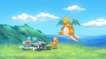  berry_(pokemon) bulbasaur charmander claws cloud commentary day dragonite emuenuon fire flame flying gen_1_pokemon grass highres holding no_humans outdoors picnic picnic_table pokemon pokemon_(creature) sky squirtle standing water 