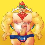  1:1 2021 abs anthro barazoku beard beefburner big_muscles blep body_hair bowser chest_hair clothing erection eyebrows facial_hair front_view genital_piercing genitals hair hi_res horn huge_muscles humanoid_genitalia humanoid_penis koopa looking_at_viewer male mario_bros musclegut muscular muscular_anthro muscular_male nintendo nipple_piercing nipple_ring nipples pecs penis penis_piercing piercing prince_albert_piercing pubes scalie shell simple_background smile solo spiked_shell spikes spikes_(anatomy) standing tongue tongue_out underwear underwear_down video_games yellow_background 