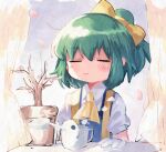  1girl ascot bangs blouse blue_dress blush bow closed_eyes closed_mouth cookie_(touhou) daiyousei diyusi_(cookie) dress eyebrows_visible_through_hair gloves green_hair hair_between_eyes hair_bow high-waist_skirt medium_hair pinafore_dress plant potted_plant puffy_short_sleeves puffy_sleeves shiny shiny_hair short_sleeves skirt smile solo touhou upper_body watering_can white_blouse white_gloves xox_xxxxxx yellow_bow yellow_neckwear 
