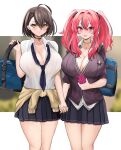 2girls :o absurdres ahoge azur_lane bag baltimore_(after-school_ace)_(azur_lane) baltimore_(azur_lane) bangs beige_cardigan black_cardigan black_choker black_neckwear black_skirt blurry blurry_background blush braid breasts bremerton_(azur_lane) brown_hair cardigan cardigan_around_waist cellphone choker cleavage clothes_around_waist collarbone collared_shirt commentary_request cowboy_shot doinaka ear_piercing eyebrows_visible_through_hair french_braid grey_hair hair_between_eyes hair_intakes hair_ornament hand_up highres holding holding_bag holding_hands holding_phone jewelry large_breasts long_hair looking_at_viewer loose_necktie mole mole_under_eye multicolored_hair multiple_girls necklace necktie official_alternate_costume open_mouth parted_lips phone piercing pink_eyes pink_hair pleated_skirt school_bag school_uniform shirt short_hair short_sleeves sidelocks skirt sleeves_rolled_up smartphone smile standing streaked_hair twintails two-tone_hair untucked_shirt upper_teeth white_shirt yellow_eyes 