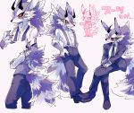 1boy ajuka alternate_costume animal_ears bael_(tokyo_houkago_summoners) breast_pocket chest_tuft chibi claws collared_shirt formal full_body fur furry glasses grey_fur horns invisible_chair long_sleeves looking_at_viewer male_focus multicolored_fur multiple_views necktie parted_lips pocket purple_fur shirt shrugging sideways_glance sitting smile standing suit suspenders tail tokyo_houkago_summoners undone_necktie vest white_fur 
