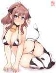  1girl alternate_costume animal_ears animal_print artist_logo bikini breasts brown_hair cleavage collarbone commentary_request covered_nipples cow_ears cow_horns cow_print cow_tail cowboy_shot dated fake_animal_ears fake_horns front-tie_top grey_eyes hair_between_eyes heart heart-shaped_pupils highres horns kanon_(kurogane_knights) kantai_collection large_breasts long_hair lowleg lowleg_bikini medium_hair one-hour_drawing_challenge ponytail saratoga_(kancolle) side-tie_bikini side_ponytail sidelocks simple_background sitting solo swimsuit symbol-shaped_pupils tail thighhighs white_background white_bikini white_legwear yokozuwari 