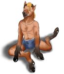  bulge clothing digitigrade duo equid equine feral hi_res hooves horse human humanoid_pointy_ears male mammal sitting snouth terminotaur transformation underwear 
