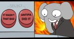  2021 anthro antifa bodily_fluids button_(disambiguation) clothed clothing comparing elephant elephantid english_text fire george_o._pillsburry happyroadkill hi_res humor male mammal meme political_cartoon politics proboscidean republican republican_elephant solo suit sweat text tusks 