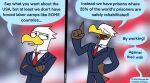  2021 accipitrid accipitriform anthro avian bald_eagle beak bird clothed clothing comic crossed_arms dialogue duo eagle english_text eric_eagle happyroadkill hi_res male open_mouth open_smile political_cartoon politics sea_eagle smile standing suit text united_states_of_america 