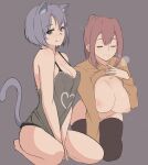  :p animal_ears areolae breasts breasts_outside cat_ears cat_girl cat_tail covered_nipples folait grey_hair heart highres lactation large_breasts nipples original red_hair short_hair tail thick_thighs thighhighs thighs tongue tongue_out yuri 