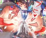  1boy 2021 2girls absurdres anal anus ass ass_grab bangs black_legwear blue_leotard blurry blush body_writing bodypaint bow breasts brown_hair cameltoe clenched_teeth commentary_request confetti cookie_(touhou) covered_nipples cross-eyed crowd depth_of_field excessive_cum eyebrows_visible_through_hair feet_out_of_frame gloves grabbing_own_ass hair_bow hair_tubes hakurei_reimu hetero highres kirisame_marisa large_breasts leotard medium_hair multiple_girls overflow partially_fingerless_gloves partially_visible_vulva penis poopdick red_bow red_eyes red_gloves reu_(cookie) reverse_suspended_congress sex shorts solo_focus speech_bubble spread_anus tattoo teeth thighhighs through_clothes touhou translation_request uzuki_(cookie) wrestling 