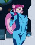  aaron_amethyst absurd_res anthro clothing computer eyelashes female fur hair hi_res looking_at_viewer mammal metroid nintendo pink_body pink_fur pink_hair planet rodent sciurid smile solo space spacecraft star tight_clothing vehicle video_games yellow_eyes zero_suit 