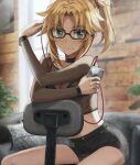  1girl bangs blonde_hair blush bracelet braid breasts cellphone chair collarbone earbuds earphones fate/apocrypha fate_(series) french_braid glasses green_eyes highres jewelry long_hair looking_at_viewer mordred_(fate) mordred_(fate)_(all) parted_bangs phone ponytail sidelocks sitting small_breasts tonee 