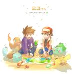  2boys anniversary baseball_cap blue_oak blue_pants brown_hair bulbasaur charmander commentary_request fire flame game_boy_color gen_1_pokemon handheld_game_console hat highres holding holding_handheld_game_console jacket jewelry kneeling long_sleeves male_focus map multiple_boys necklace number open_clothes open_jacket pants pikachu poke_ball poke_ball_(basic) pokemon pokemon_(creature) pokemon_(game) pokemon_rgby purple_shirt red_(pokemon) shirt short_hair short_sleeves sitting socks spiked_hair squirtle starter_pokemon_trio torinoko_(miiko_draw) translation_request white_legwear 