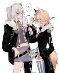 2girls animal_ears black_jacket blonde_hair blue_bow blush bow breasts check_commentary commentary_request covered_navel fox_ears fox_girl fox_tail from_side fur_trim grey_eyes hair_bow hand_in_pocket highres hololive jacket kakult2017 lion_ears lion_girl lion_tail looking_at_another looking_down medium_breasts multiple_girls omaru_polka open_mouth parted_lips purple_eyes shishiro_botan single_legging skirt smile speech_bubble striped striped_skirt tail thigh_strap thighhighs torn_clothes torn_legwear virtual_youtuber white_background wrist_cuffs 
