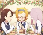  arikindows10 blonde_hair blue_hairband blue_ribbon blue_vest brown_hair cake cake_slice chocolate_cake closed_eyes floral_background food freckles glasses hairband kagari_atsuko little_witch_academia long_hair lotte_jansson luna_nova_school_uniform open_mouth pink_hair ribbon school_uniform short_hair smile sucy_manbavaran vest 