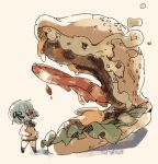  1girl absurdres blue_hair food giant_food hamburger highres mota role_reversal simple_background size_difference solo tomato 