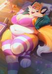  anthro aruurara big_breasts bra breasts canid canine clothing female fluffy fluffy_ears fluffy_tail fox fur hi_res legwear looking_at_viewer lying mammal multicolored_body multicolored_fur open_mouth orange_body orange_fur panties pink_bra pink_clothing pink_nose pink_underwear slightly_chubby smile solo stripped_stockings teeth thigh_highs tongue two_tone_body two_tone_fur underwear zera_(titsunekitsune) 
