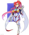  1girl bangs bodysuit boots breasts cape covered_navel full_body hair_between_eyes hair_ornament hair_stick hand_up highres large_breasts long_hair multicolored multicolored_bodysuit multicolored_clothes oomasa_teikoku parted_lips ponytail red_hair solo space_yoko tengen_toppa_gurren_lagann thigh_boots thighhighs very_long_hair walking white_footwear yellow_eyes yoko_littner 