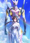  1girl absurdres aqua_eyes bangs blue_sky bodysuit breasts brown_hair cloud cloudy_sky covered_navel eva_08 hand_on_hip highres long_hair makinami_mari_illustrious medium_breasts multicolored multicolored_bodysuit multicolored_clothes neon_genesis_evangelion peperon_(peperou) ponytail rainbow rebuild_of_evangelion red-framed_eyewear semi-rimless_eyewear shadow sky solo under-rim_eyewear white_bodysuit 