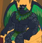  abs anthro anthrofied black_body black_fur caseyljones disney elena_of_avalor feathered_wings feathers felid fur green_body green_feathers jaquin king_verago male mammal melanistic muscular muscular_anthro muscular_male solo wings 