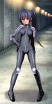  1girl ass_visible_through_thighs biker_clothes bikesuit black_hair blush bodysuit breasts full_body highres knee_pads kukkoro_rider looking_at_viewer medium_breasts ministry_of_land_infrastructure_and_transportation onna_kishi_no_shiro red_eyes shoulder_pads skin_tight solo thigh_gap 
